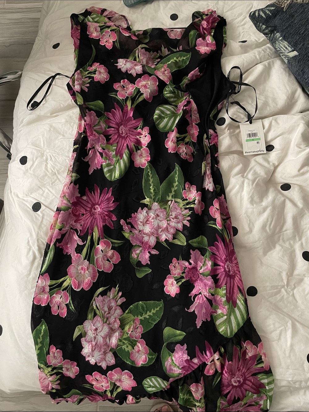 Kensie Black Midi Dress with Pink Floral Print BNWT Asymmetrical Ruffle